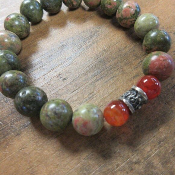 MERRISOTA JEWELRY Unakite Jasper Red Fire Agate Stretch Bracelet Size 7 Inch NEW - Picture 2 of 6